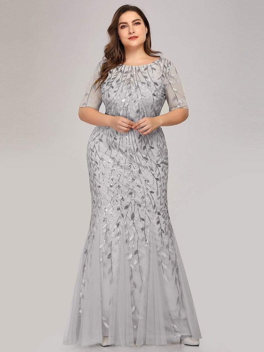 Floral Sequin Print Plus Size Mermaid Tulle Evening Dress #color_Silver 