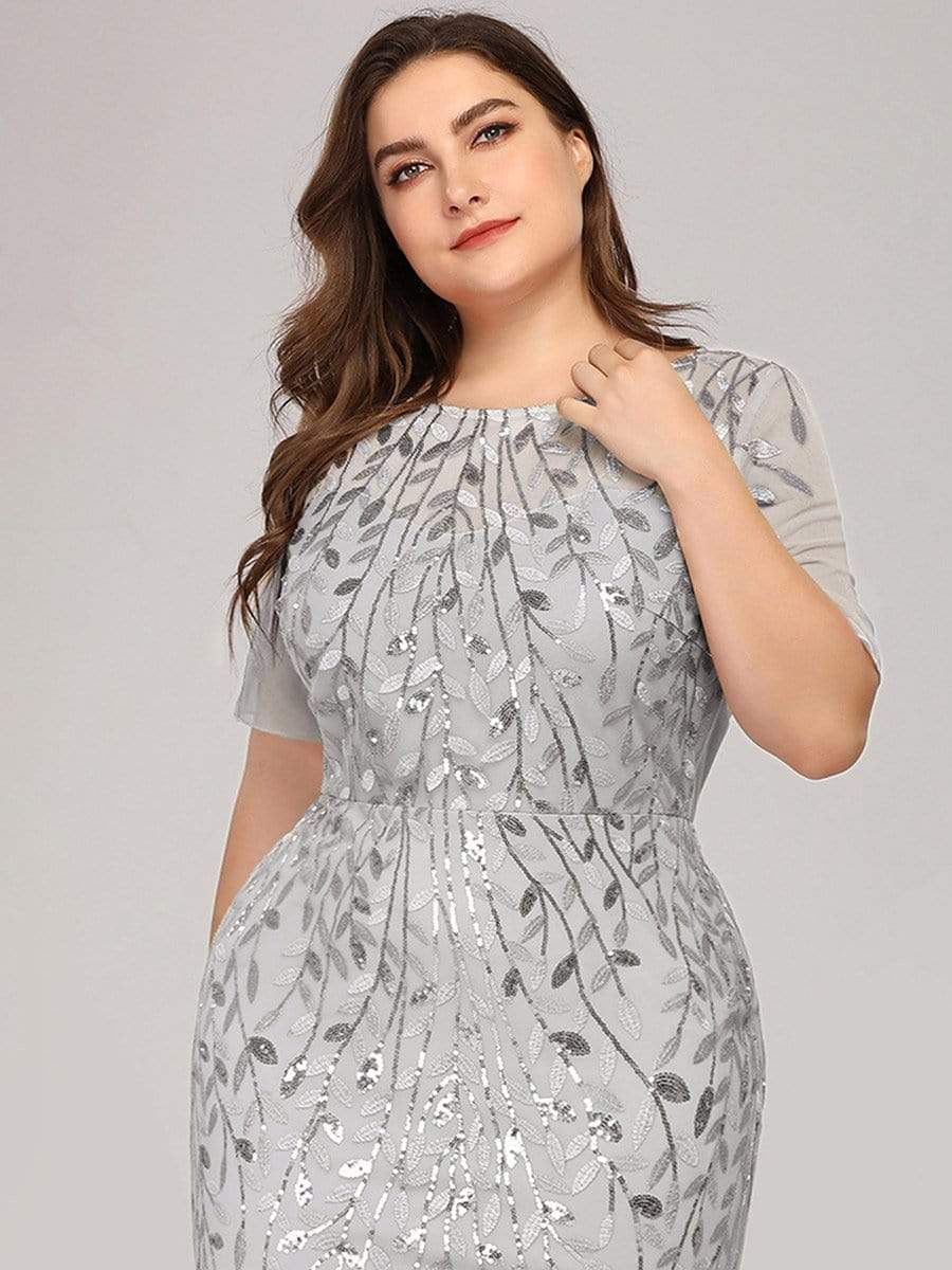 Floral Sequin Print Plus Size Mermaid Tulle Evening Dress #color_Silver 