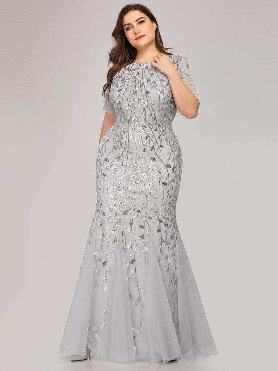 Floral Sequin Maxi Fishtail Tulle Prom Dress with Half Sleeve #Color_Silver