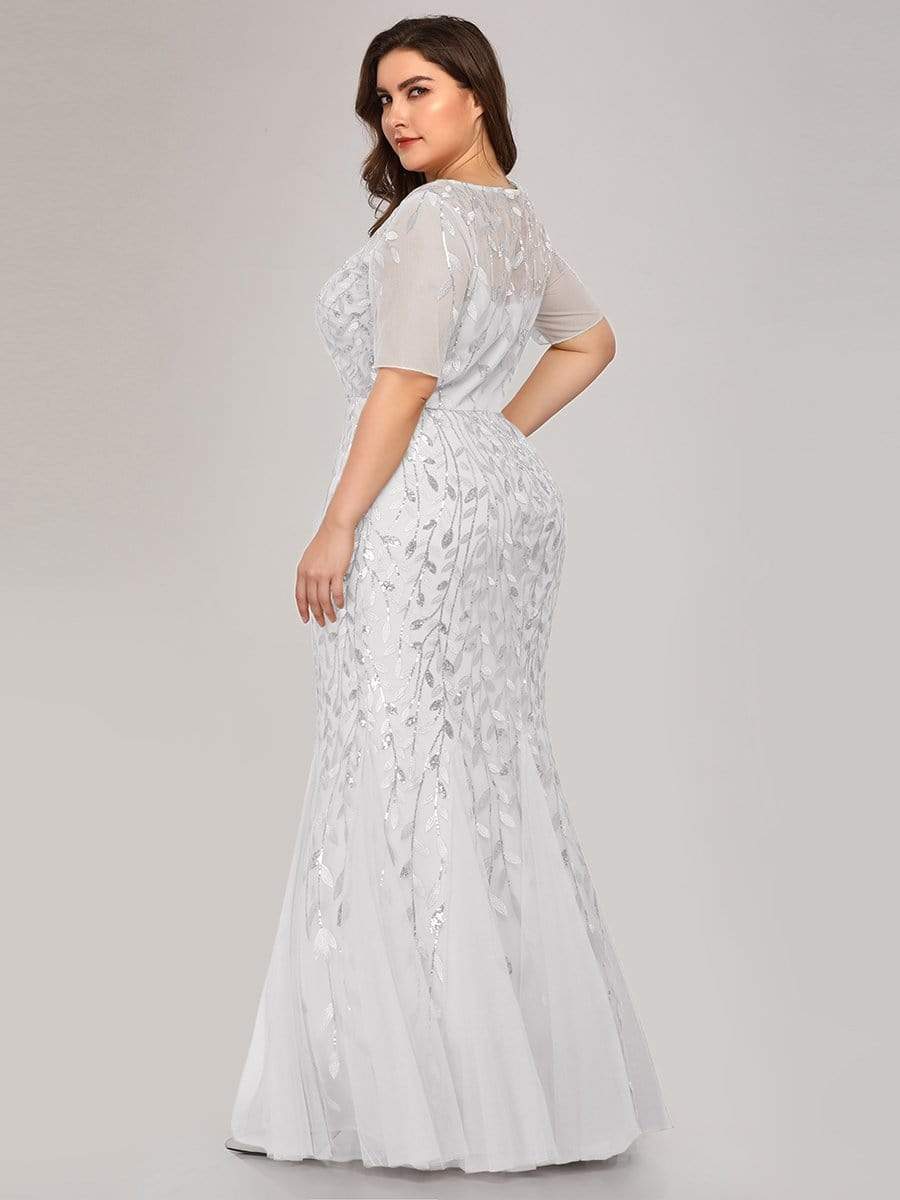 Floral Sequin Print Plus Size Mermaid Tulle Evening Dress #color_White 