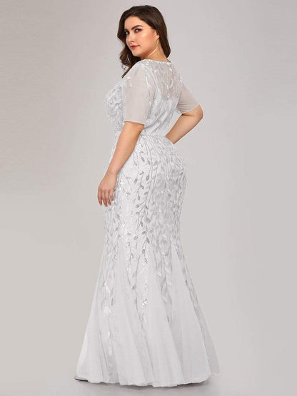 Floral Sequin Print Plus Size Mermaid Tulle Evening Dress #color_White 