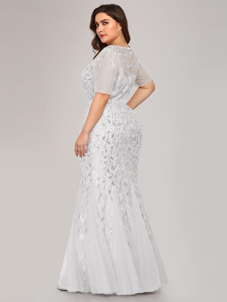 Floral Sequin Print Maxi Long Fishtail Tulle Dresses With Half Sleeve #Color_White