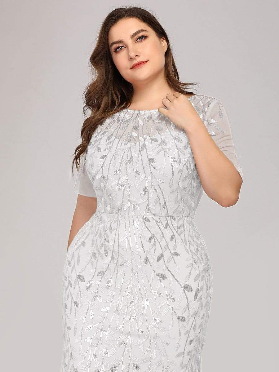 Floral Sequin Print Plus Size Mermaid Tulle Evening Dress #color_White 