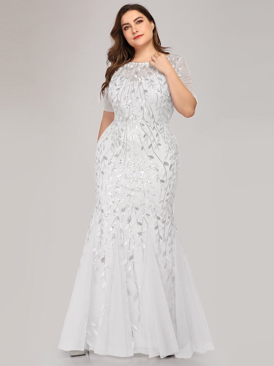 Floral Sequin Print Maxi Long Fishtail Tulle Dresses With Half Sleeve #Color_White