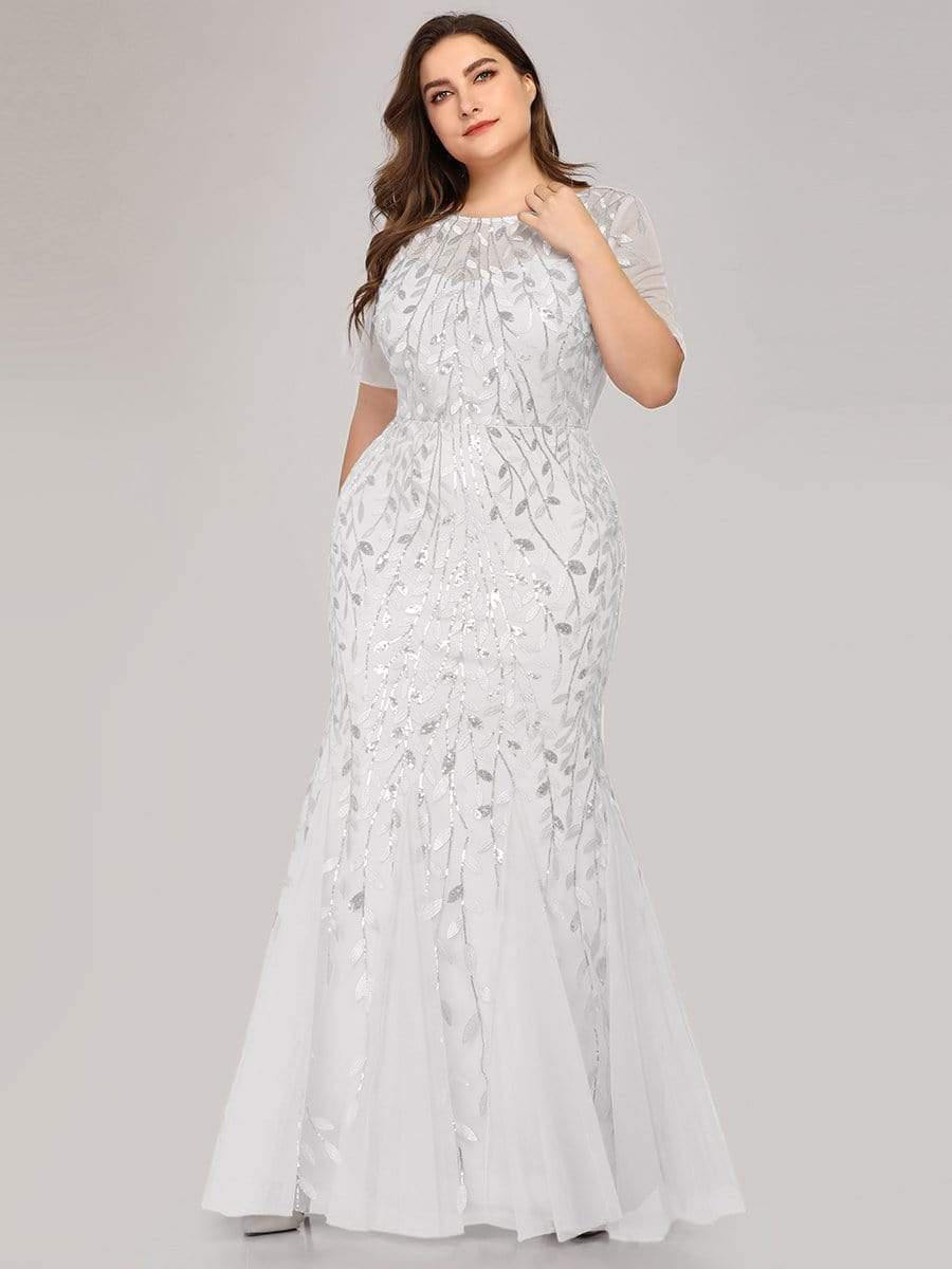 Floral Sequin Print Plus Size Mermaid Tulle Evening Dress #color_White 