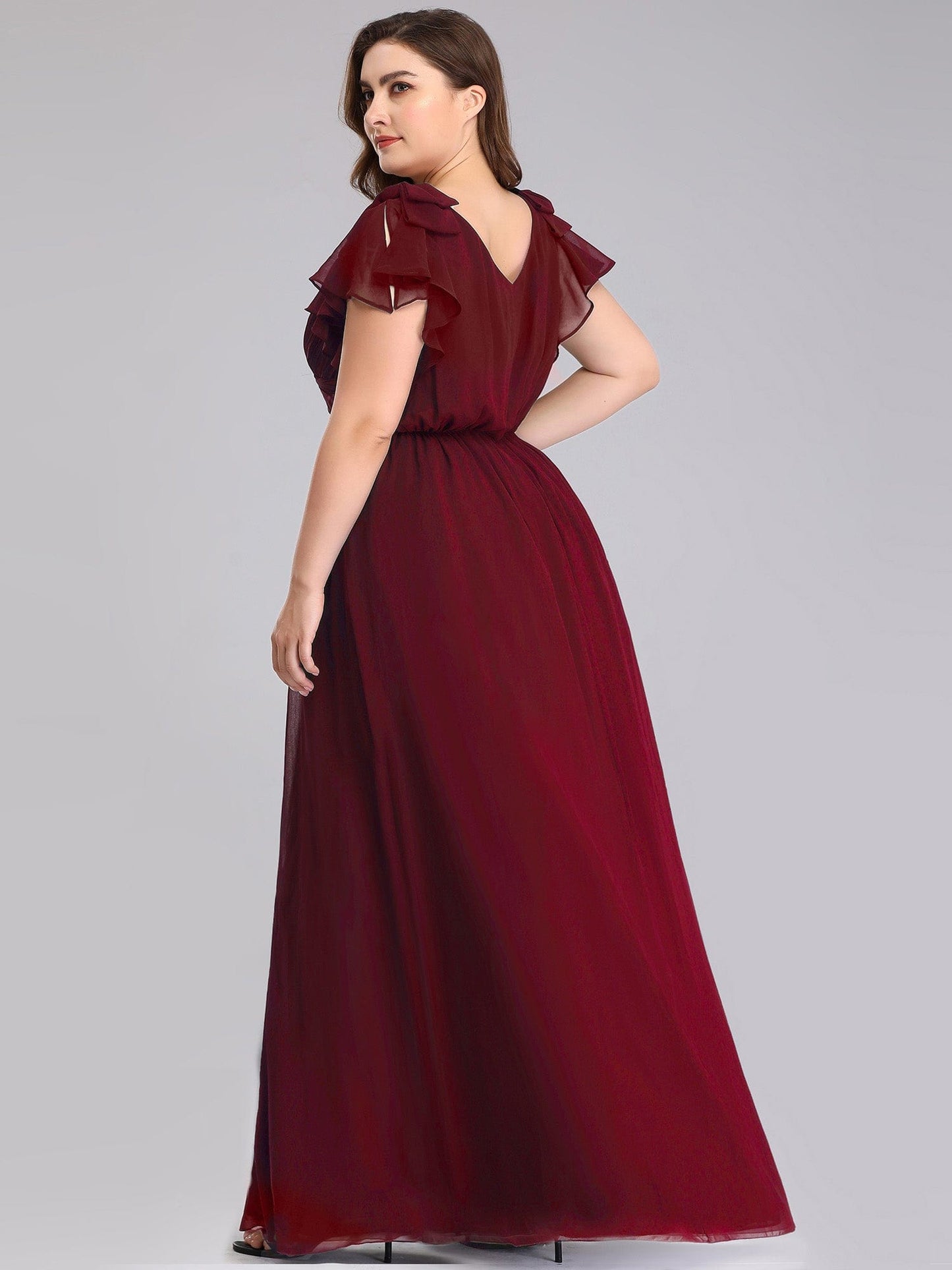 Custom Size Elegant Pleated Ruffles Sleeves Chiffon Evening Dress #color_Burgundy