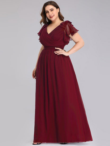 Custom Size Elegant Pleated Ruffles Sleeves Chiffon Evening Dress #color_Burgundy