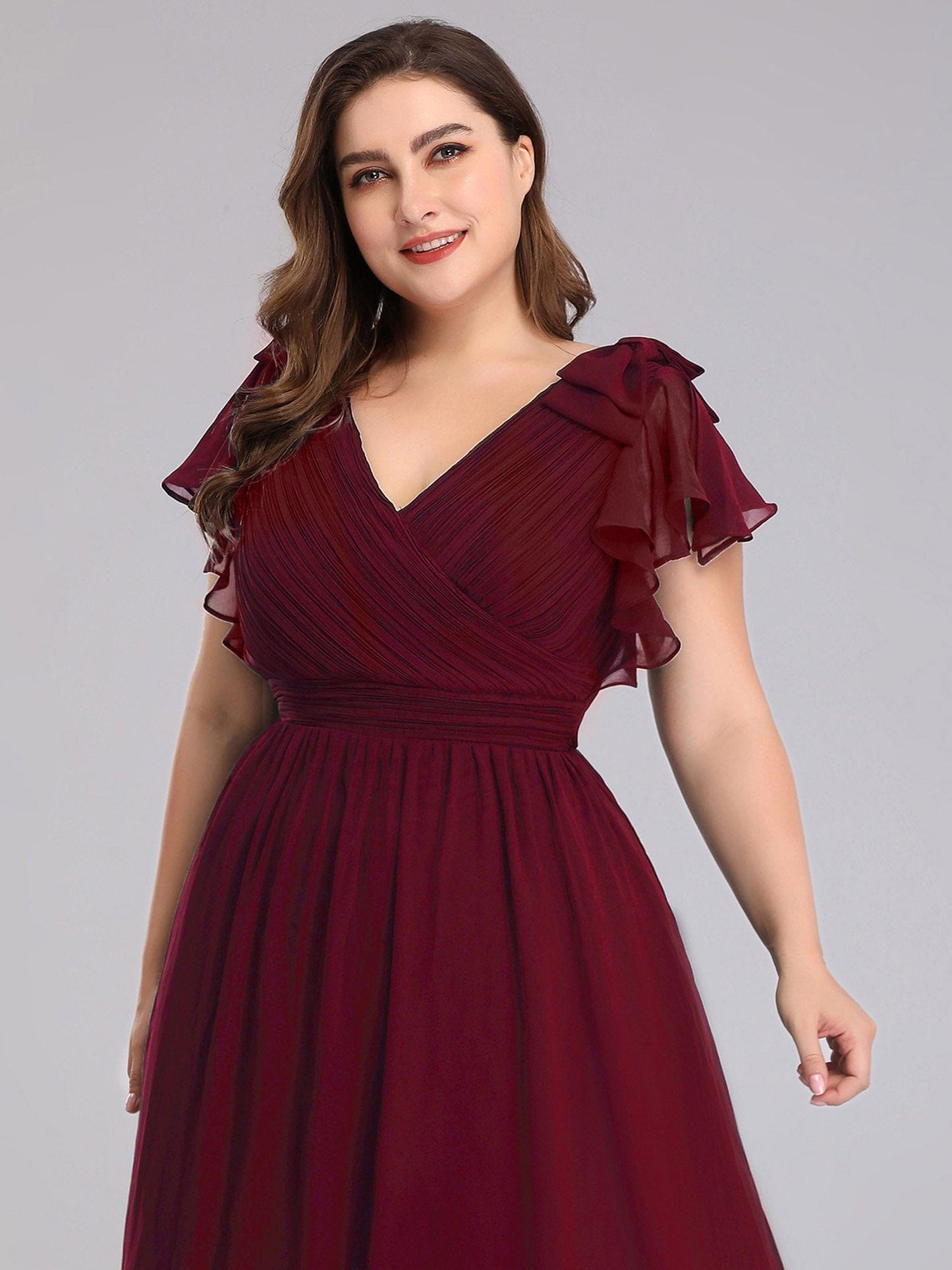 Custom Size Elegant Pleated Ruffles Sleeves Chiffon Evening Dress #color_Burgundy