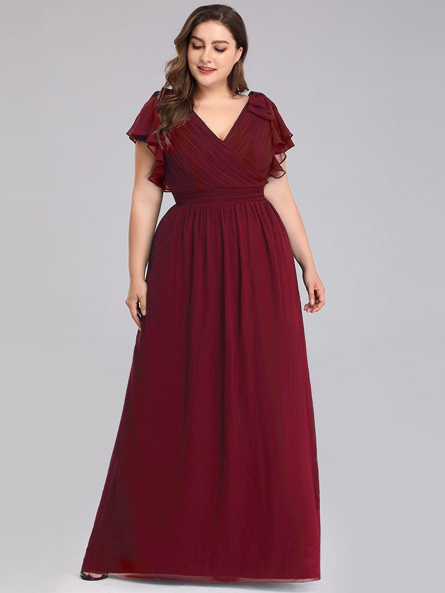 Plus Size Ruched Bodice Formal Evening Dresses with Ruffles Sleeves #color_Burgundy