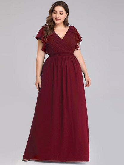 Plus Size Ruched Bodice Formal Evening Dresses with Ruffles Sleeves #color_Burgundy