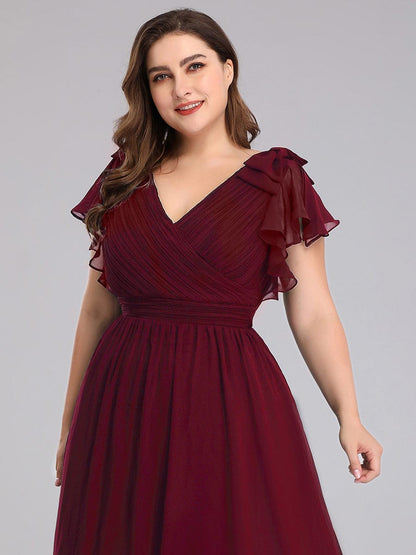 Plus Size Ruched Bodice Formal Evening Dresses with Ruffles Sleeves #color_Burgundy