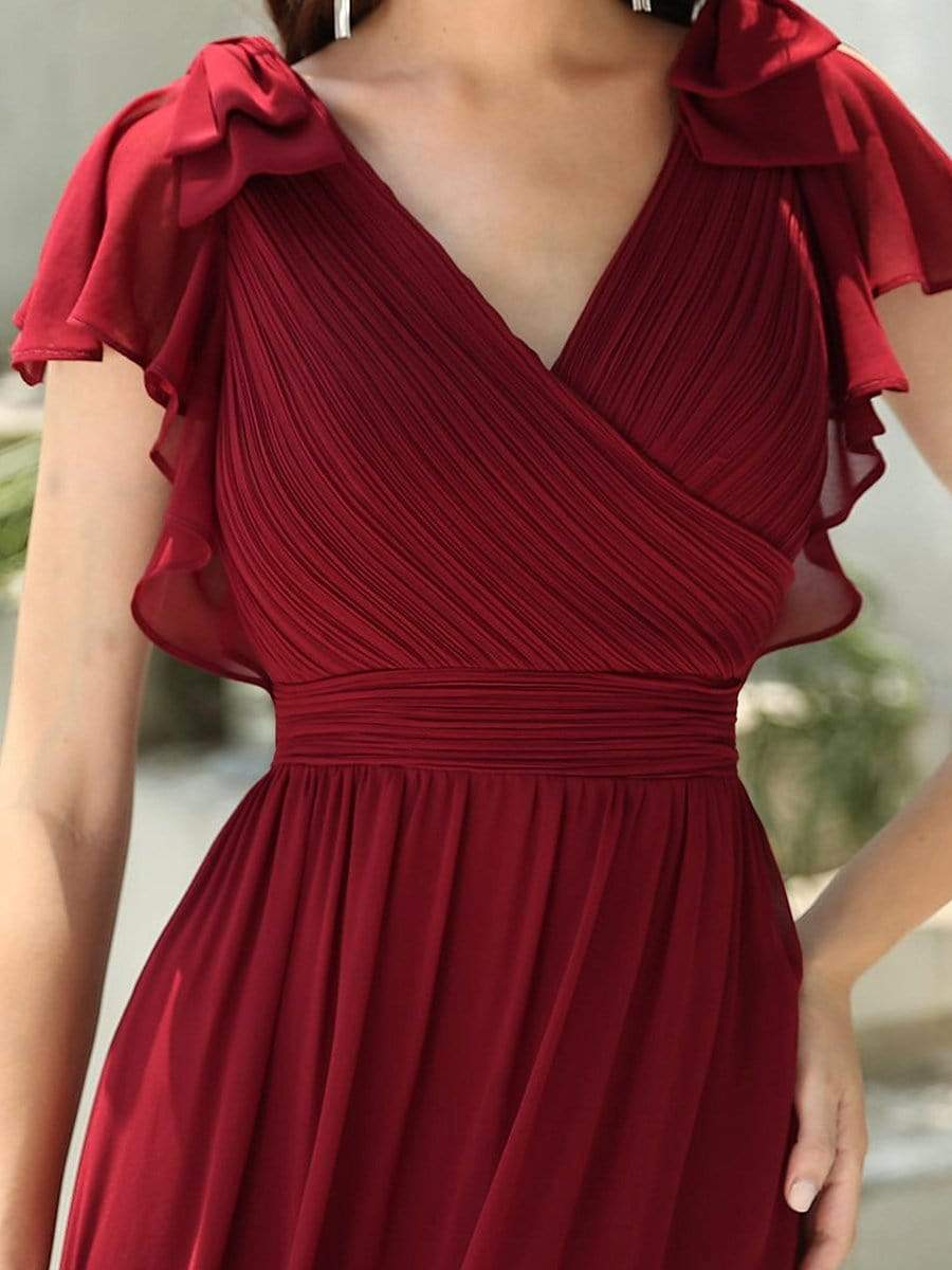 Elegant Pleated Bodice Ruffles Sleeves Chiffon Evening Dress #color_Burgundy 