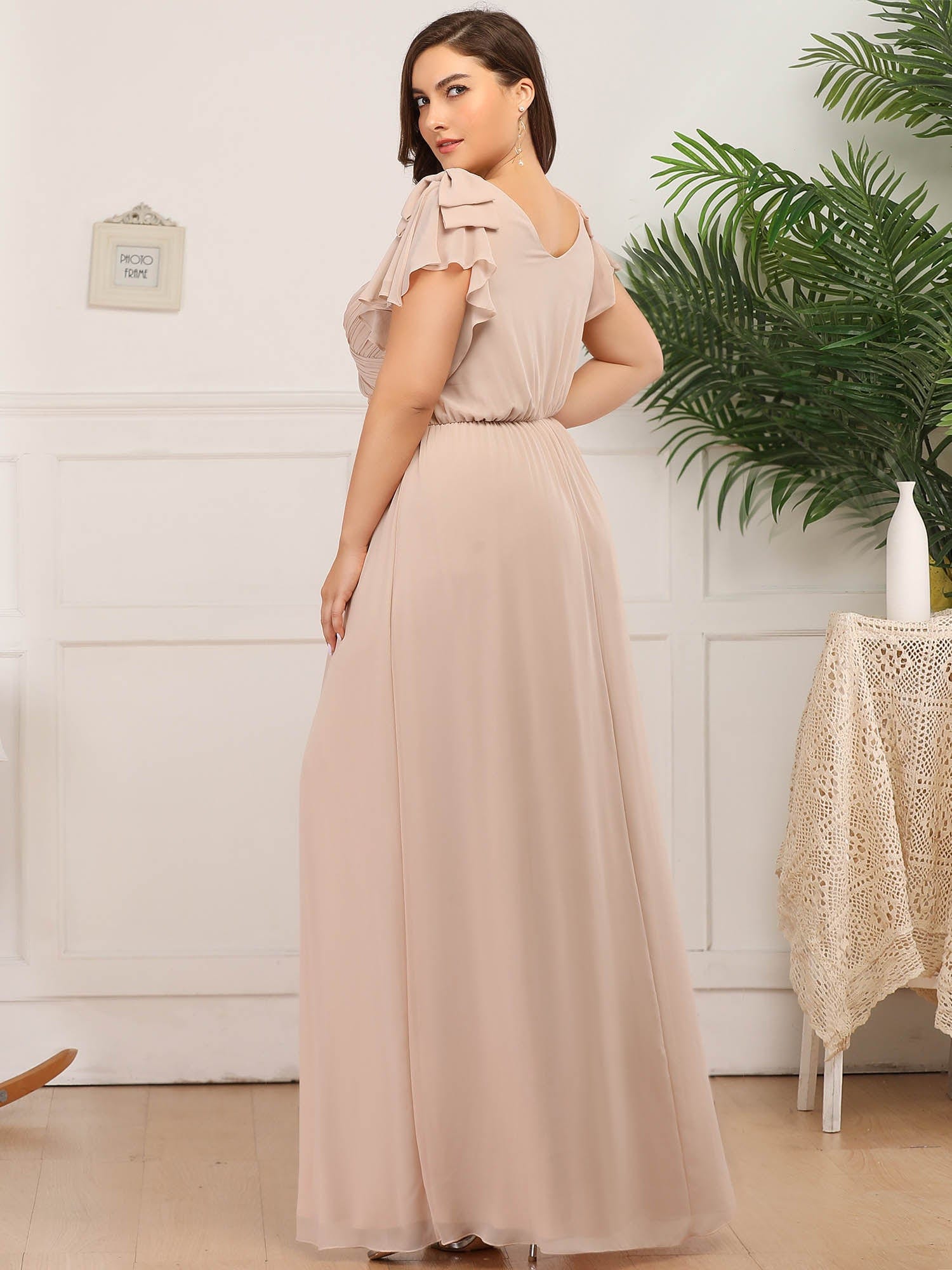 Custom Size Elegant Pleated Ruffles Sleeves Chiffon Evening Dress #color_Blush