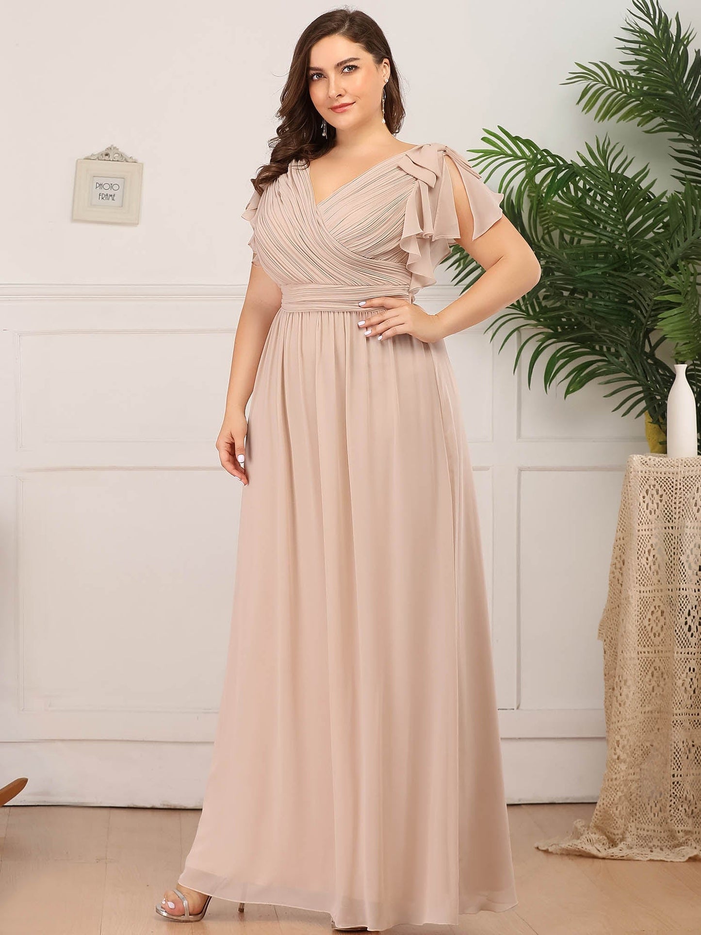 Custom Size Elegant Pleated Ruffles Sleeves Chiffon Evening Dress #color_Blush