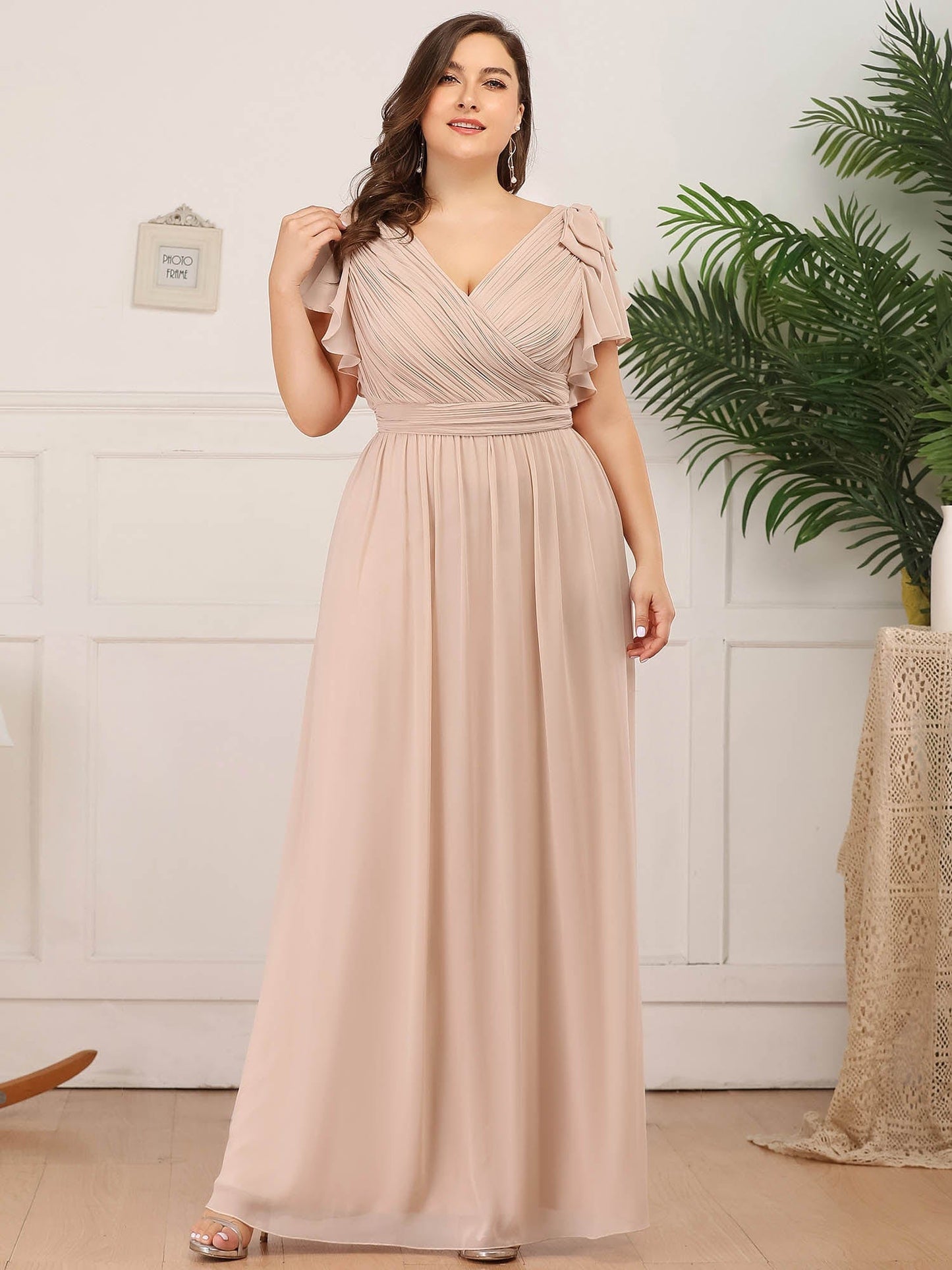 Custom Size Elegant Pleated Ruffles Sleeves Chiffon Evening Dress #color_Blush