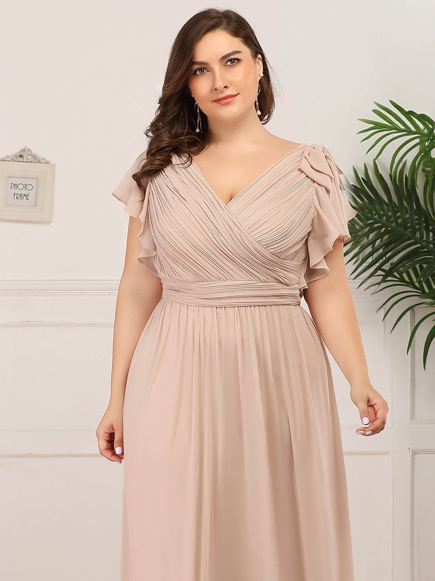 Custom Size Elegant Pleated Ruffles Sleeves Chiffon Evening Dress #color_Blush