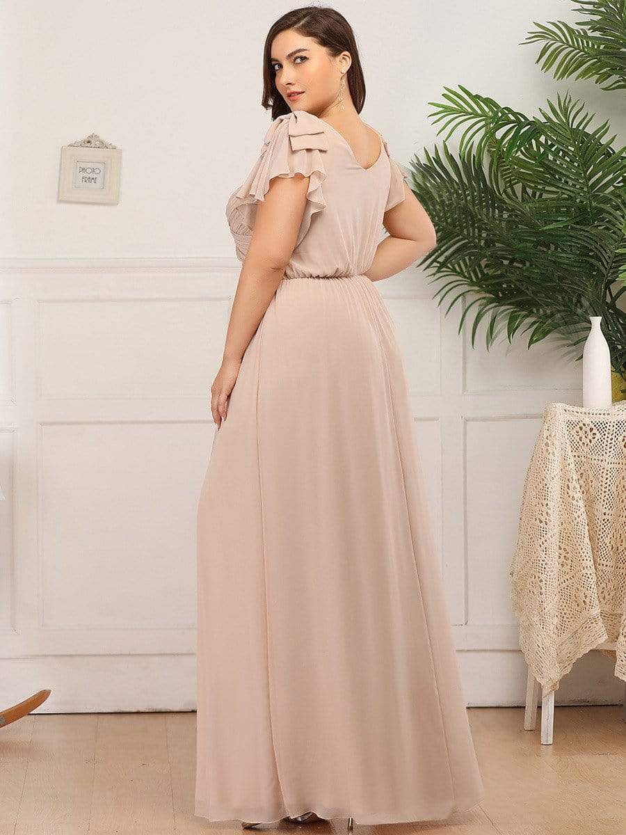 Plus Size Ruched Bodice Formal Evening Dresses with Ruffles Sleeves #color_Blush 