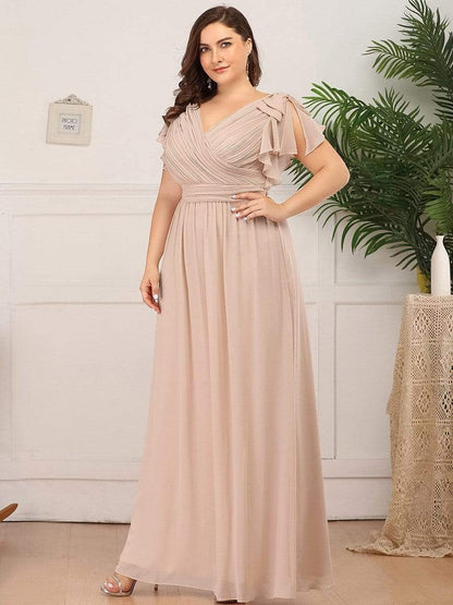 Plus Size Ruched Bodice Formal Evening Dresses with Ruffles Sleeves #color_Blush 