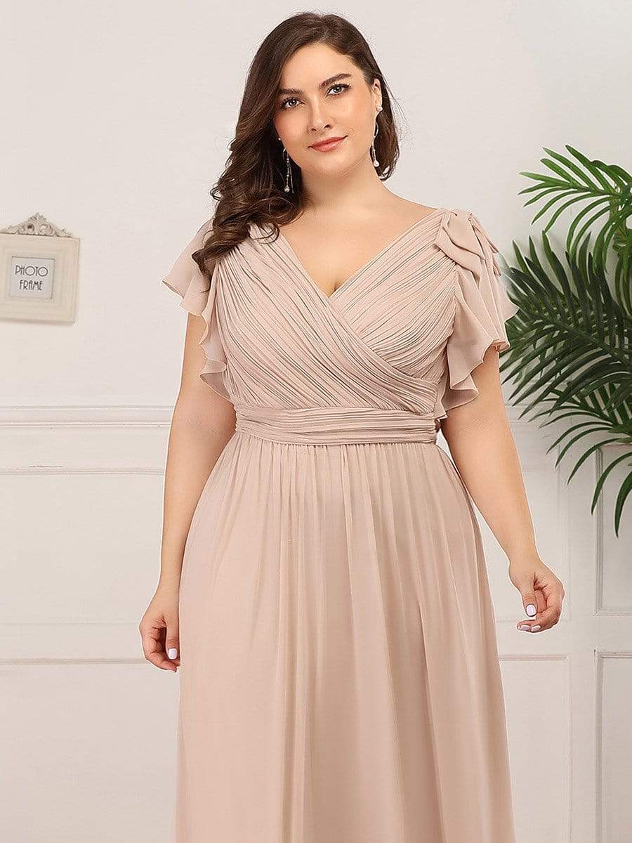 Plus Size Ruched Bodice Formal Evening Dresses with Ruffles Sleeves #color_Blush 