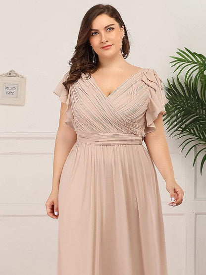 Plus Size Ruched Bodice Formal Evening Dresses with Ruffles Sleeves #color_Blush 