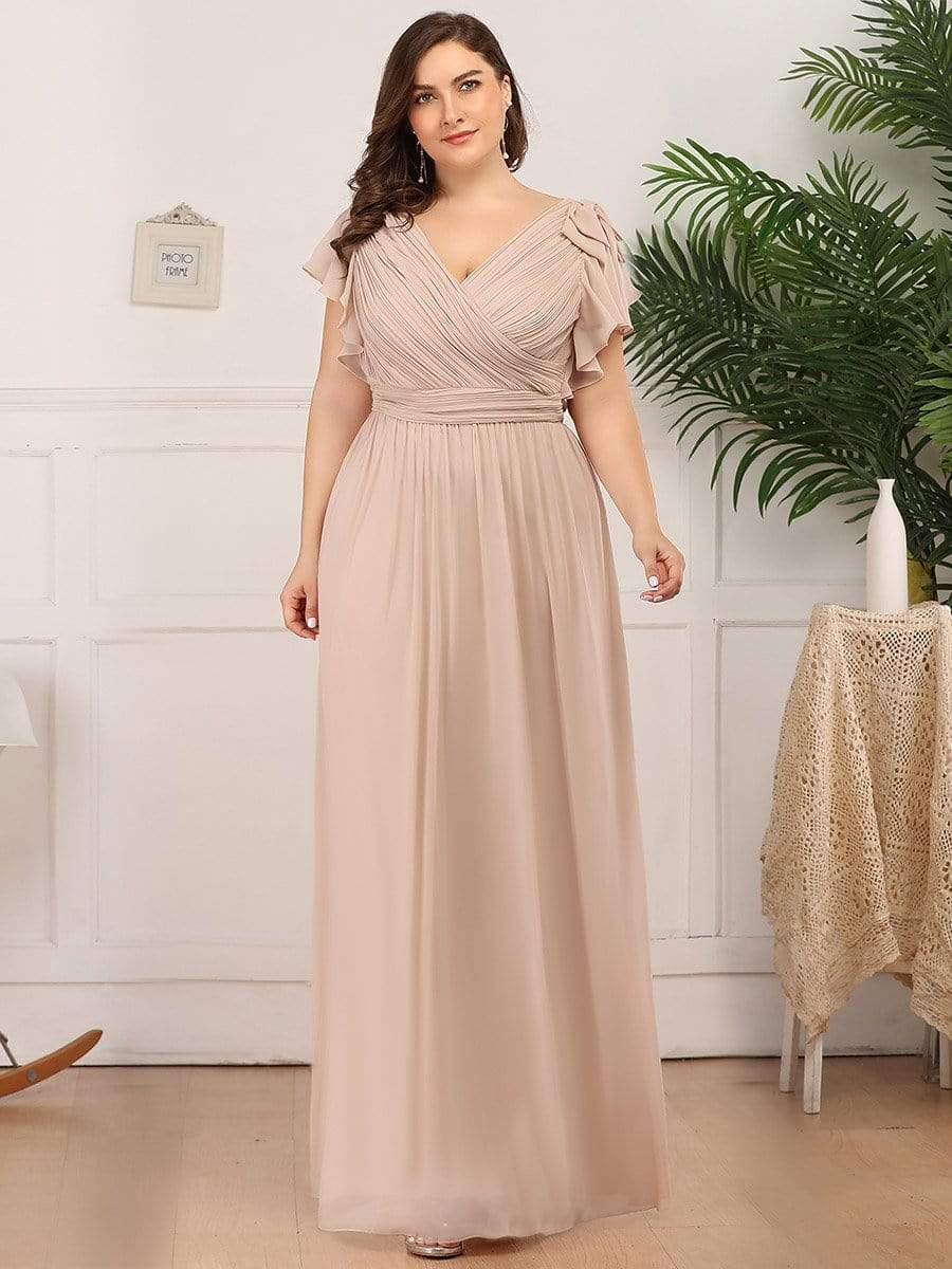 Elegant Pleated Bodice Ruffles Sleeves Chiffon Evening Dress #color_Blush 