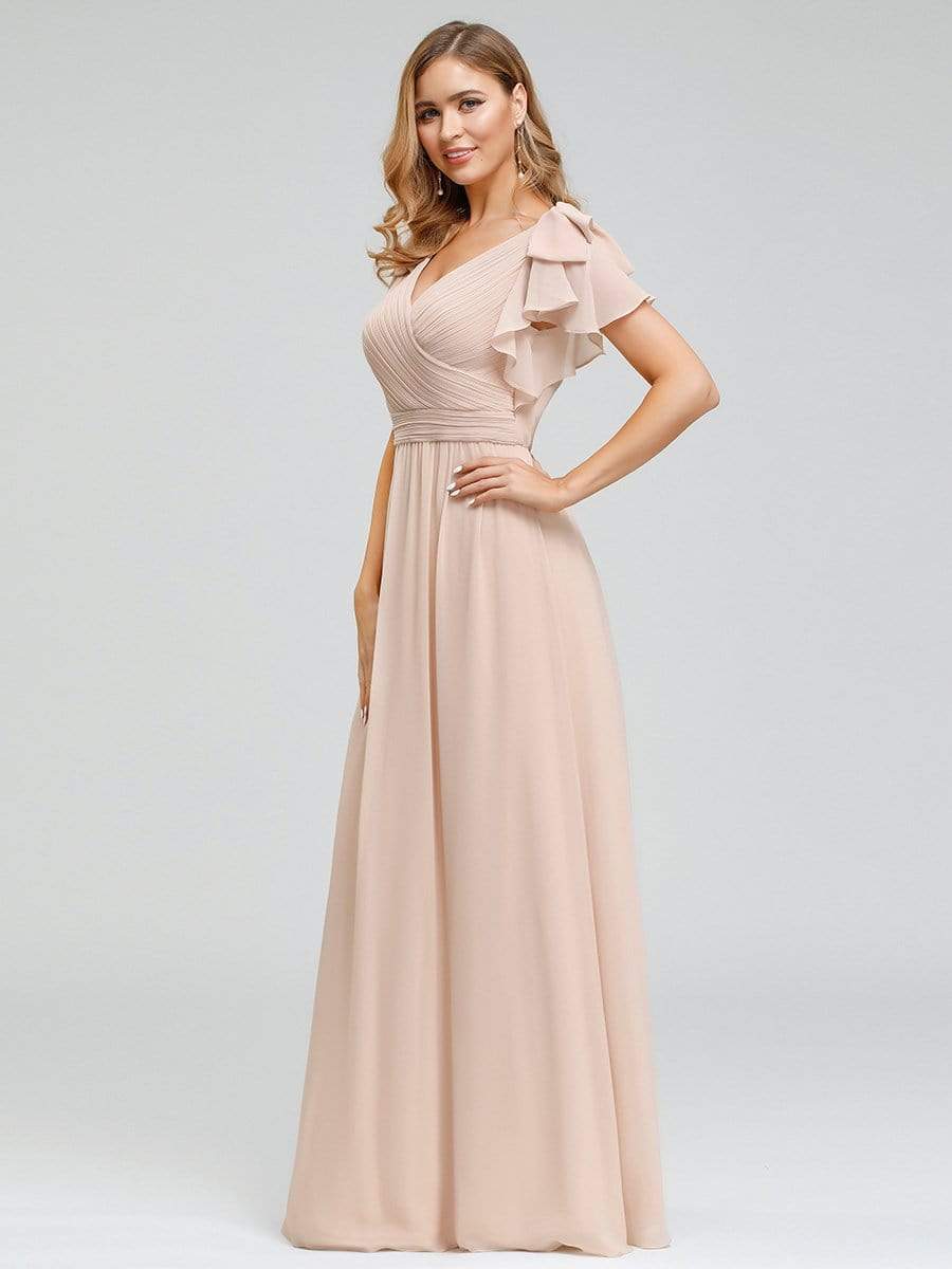 Elegant Pleated Bodice Ruffles Sleeves Chiffon Evening Dress #color_Blush 