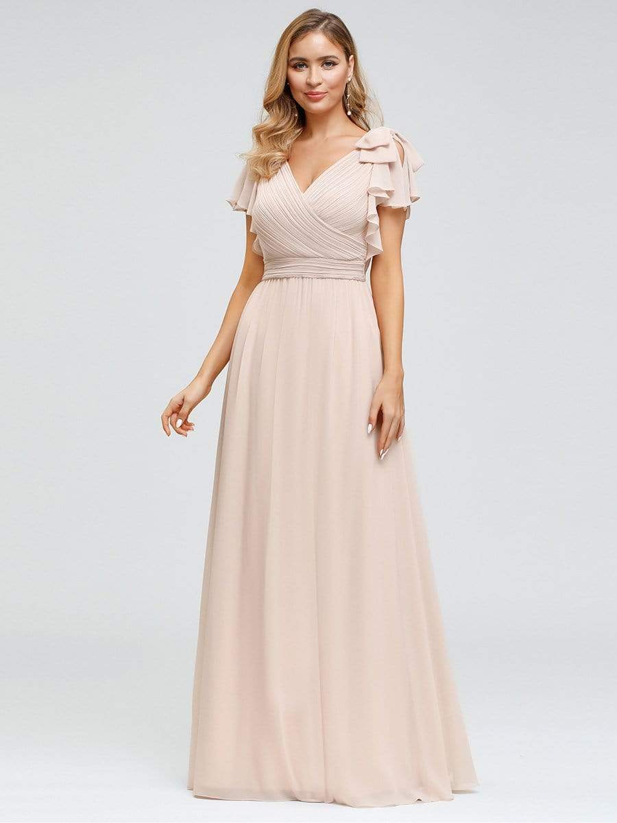 Elegant Pleated Bodice Ruffles Sleeves Chiffon Evening Dress #color_Blush 