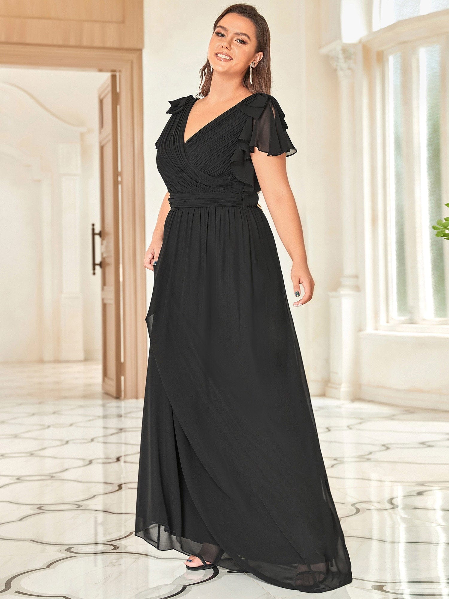 Custom Size Elegant Pleated Ruffles Sleeves Chiffon Evening Dress #color_Black