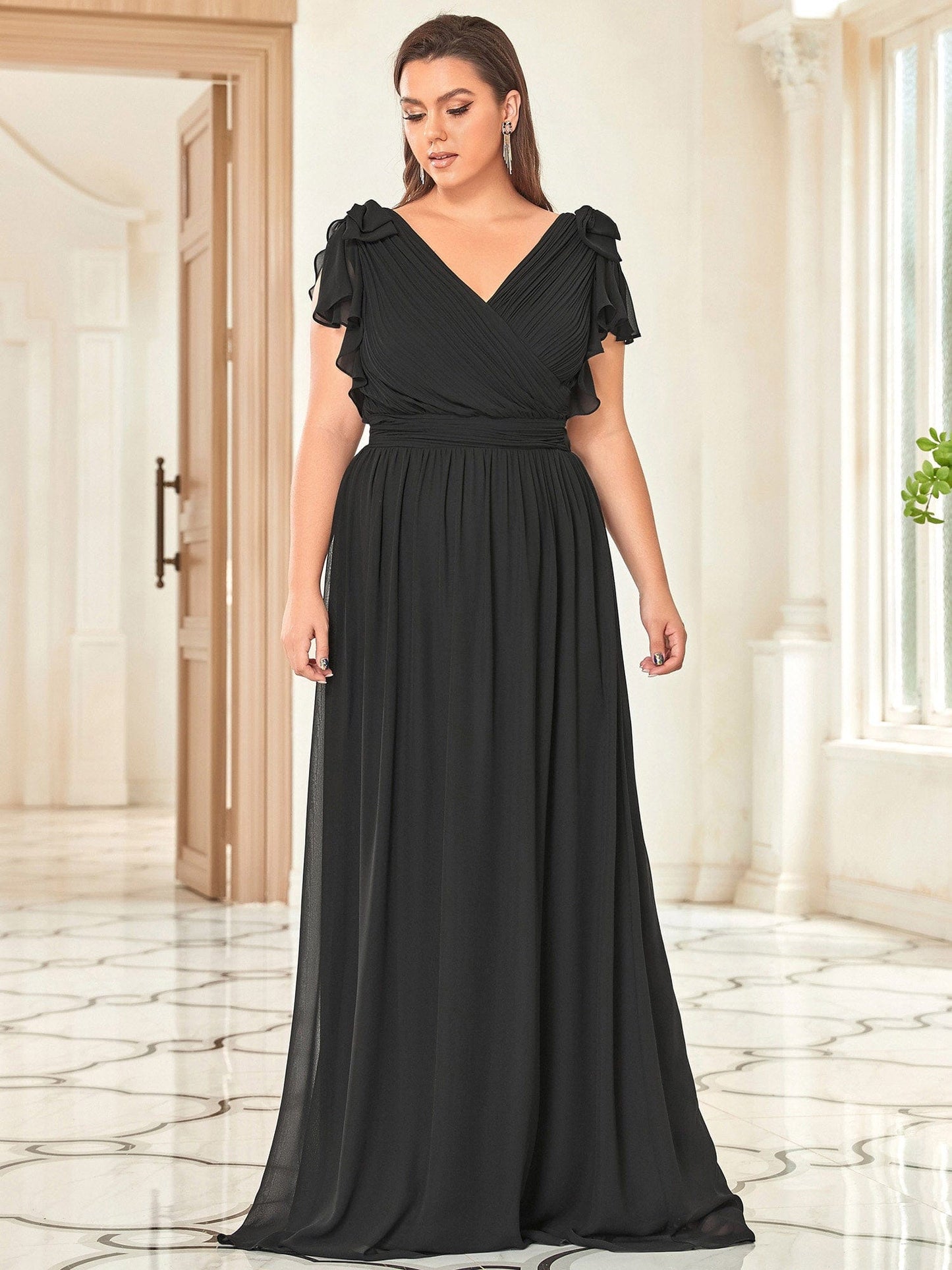 Custom Size Elegant Pleated Ruffles Sleeves Chiffon Evening Dress #color_Black