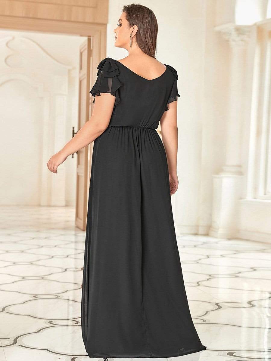 Plus Size Ruched Bodice Formal Evening Dresses with Ruffles Sleeves #color_Black 