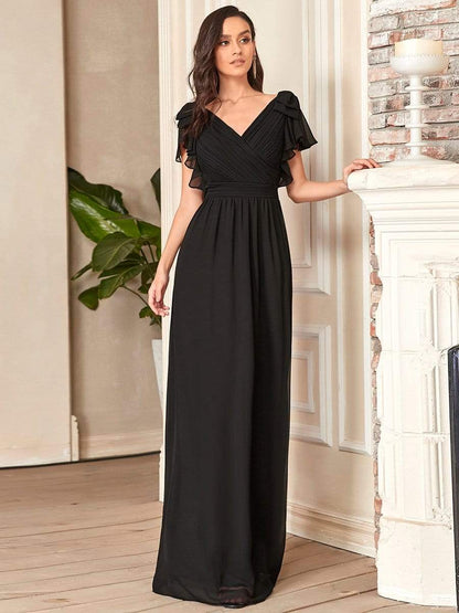 Elegant Pleated Bodice Ruffles Sleeves Chiffon Evening Dress #color_Black 