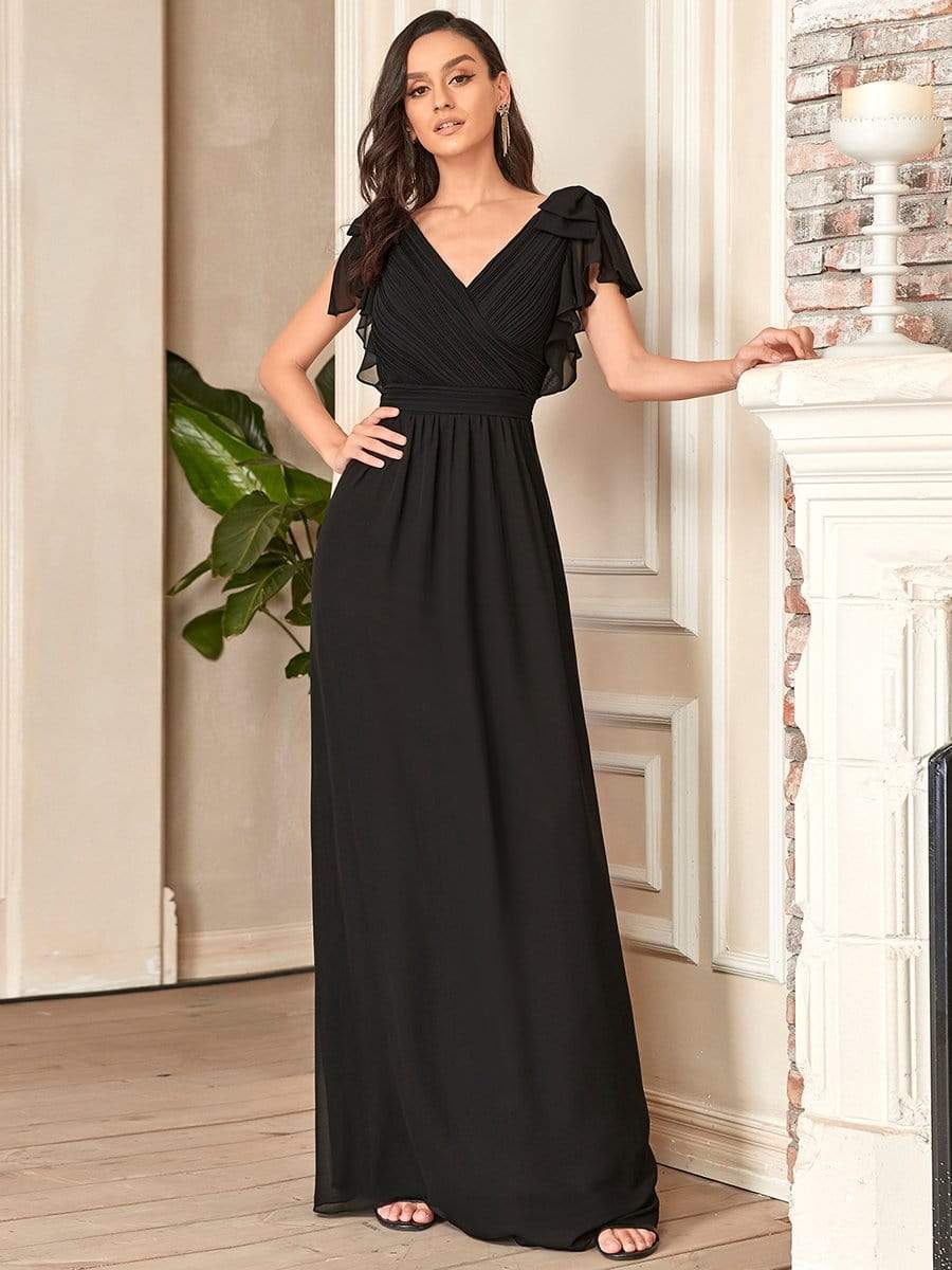 Elegant Pleated Bodice Ruffles Sleeves Chiffon Evening Dress #color_Black 