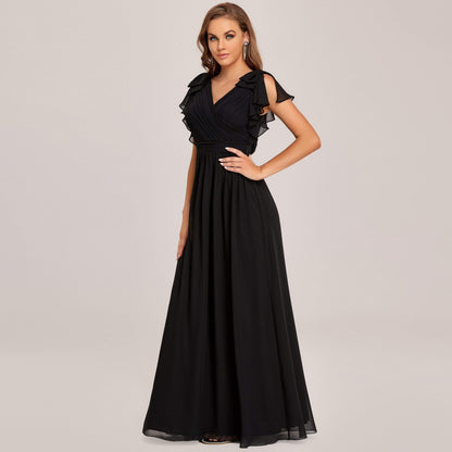 Elegant Pleated Bodice Ruffles Sleeves Chiffon Evening Dress #color_Black 