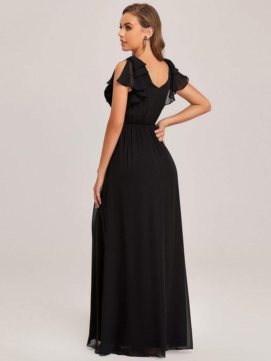 Elegant Pleated Bodice Ruffles Sleeves Chiffon Evening Dress #color_Black 