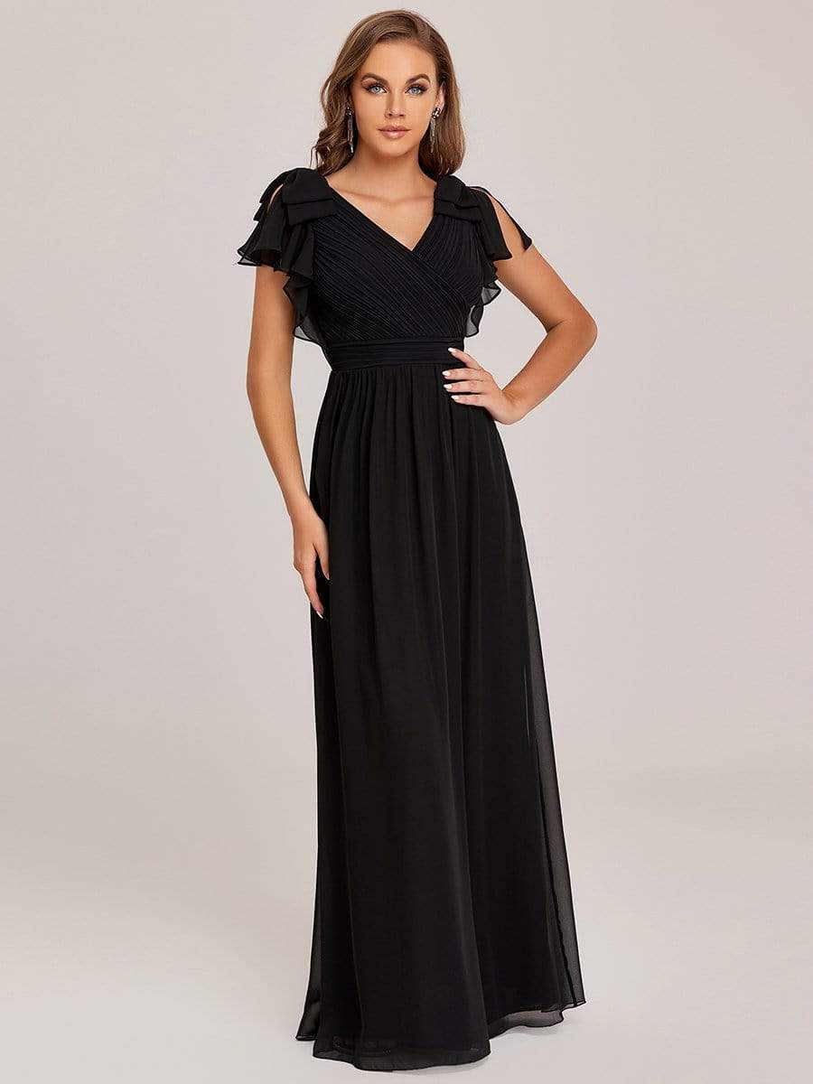 Elegant Pleated Bodice Ruffles Sleeves Chiffon Evening Dress #color_Black 