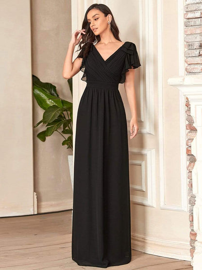 Elegant Pleated Bodice Ruffles Sleeves Chiffon Evening Dress #color_Black 