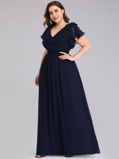 Custom Size Elegant Pleated Ruffles Sleeves Chiffon Evening Dress #color_Navy Blue