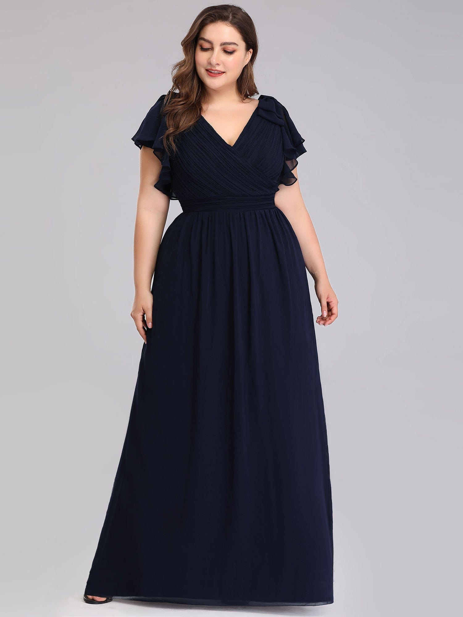 Custom Size Elegant Pleated Ruffles Sleeves Chiffon Evening Dress #color_Navy Blue