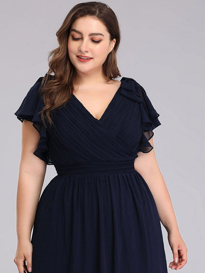 Custom Size Elegant Pleated Ruffles Sleeves Chiffon Evening Dress #color_Navy Blue