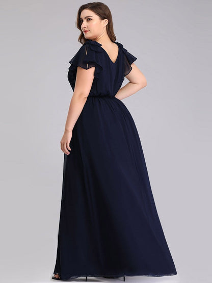 Plus Size Ruched Bodice Formal Evening Dresses with Ruffles Sleeves #color_Navy Blue 