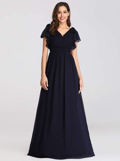 Elegant Pleated Bodice Ruffles Sleeves Chiffon Evening Dress #color_Navy Blue 