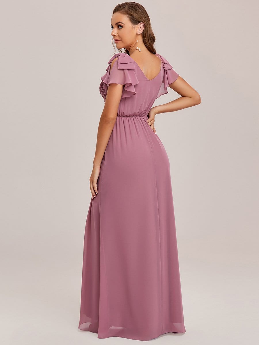 Elegant Pleated Bodice Ruffles Sleeves Chiffon Evening Dress #color_Purple Orchid 