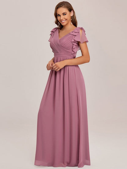 Elegant Pleated Bodice Ruffles Sleeves Chiffon Evening Dress #color_Purple Orchid 