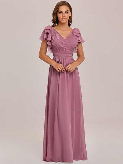 Elegant Pleated Bodice Ruffles Sleeves Chiffon Evening Dress #color_Purple Orchid 