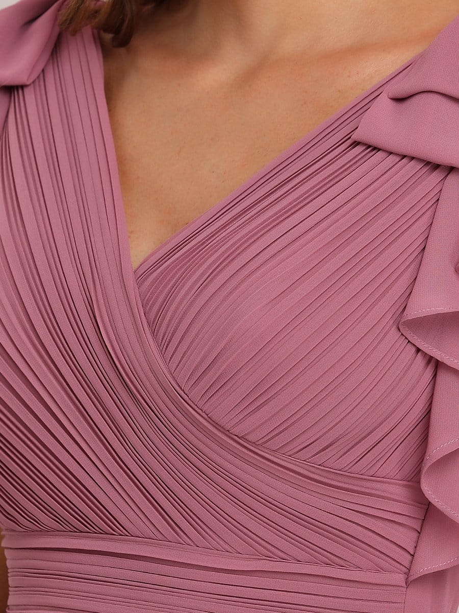 Elegant Pleated Bodice Ruffles Sleeves Chiffon Evening Dress #color_Purple Orchid 