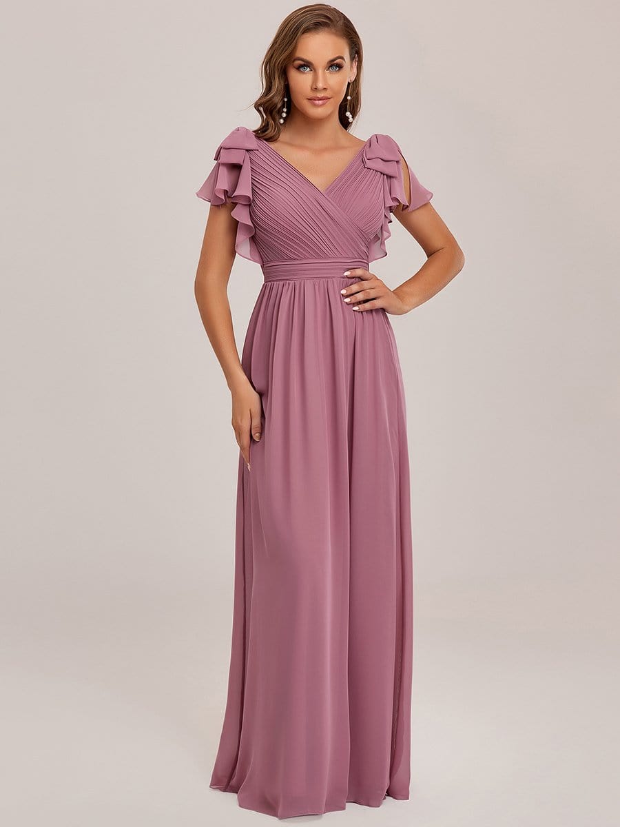 Elegant Pleated Bodice Ruffles Sleeves Chiffon Evening Dress #color_Purple Orchid 