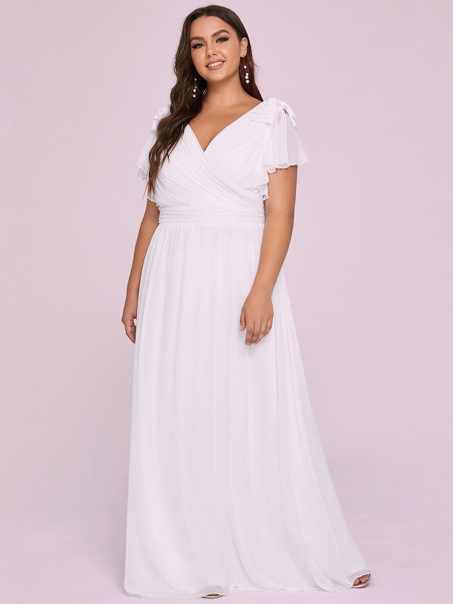 Plus Size Ruched Bodice Formal Evening Dresses with Ruffles Sleeves #color_White 