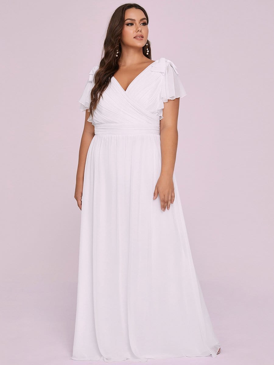 Plus Size Ruched Bodice Formal Evening Dresses with Ruffles Sleeves #color_White 