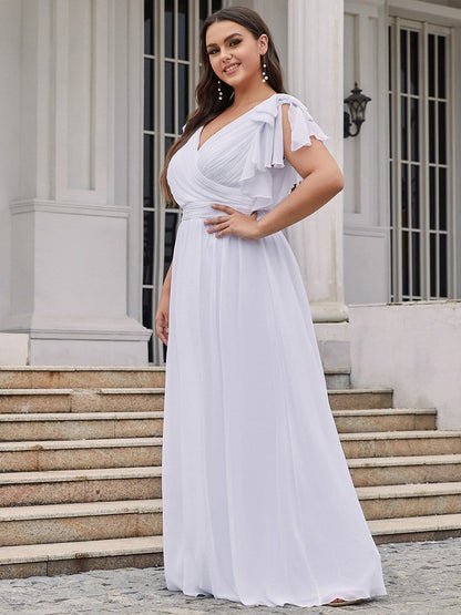 Plus Size Ruched Bodice Formal Evening Dresses with Ruffles Sleeves #color_White 