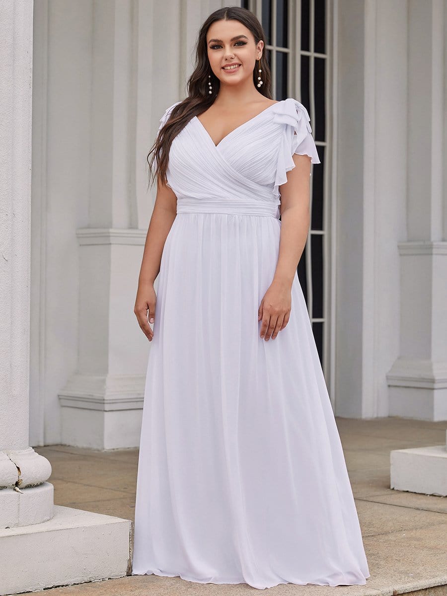 Plus Size Ruched Bodice Formal Evening Dresses with Ruffles Sleeves #color_White 